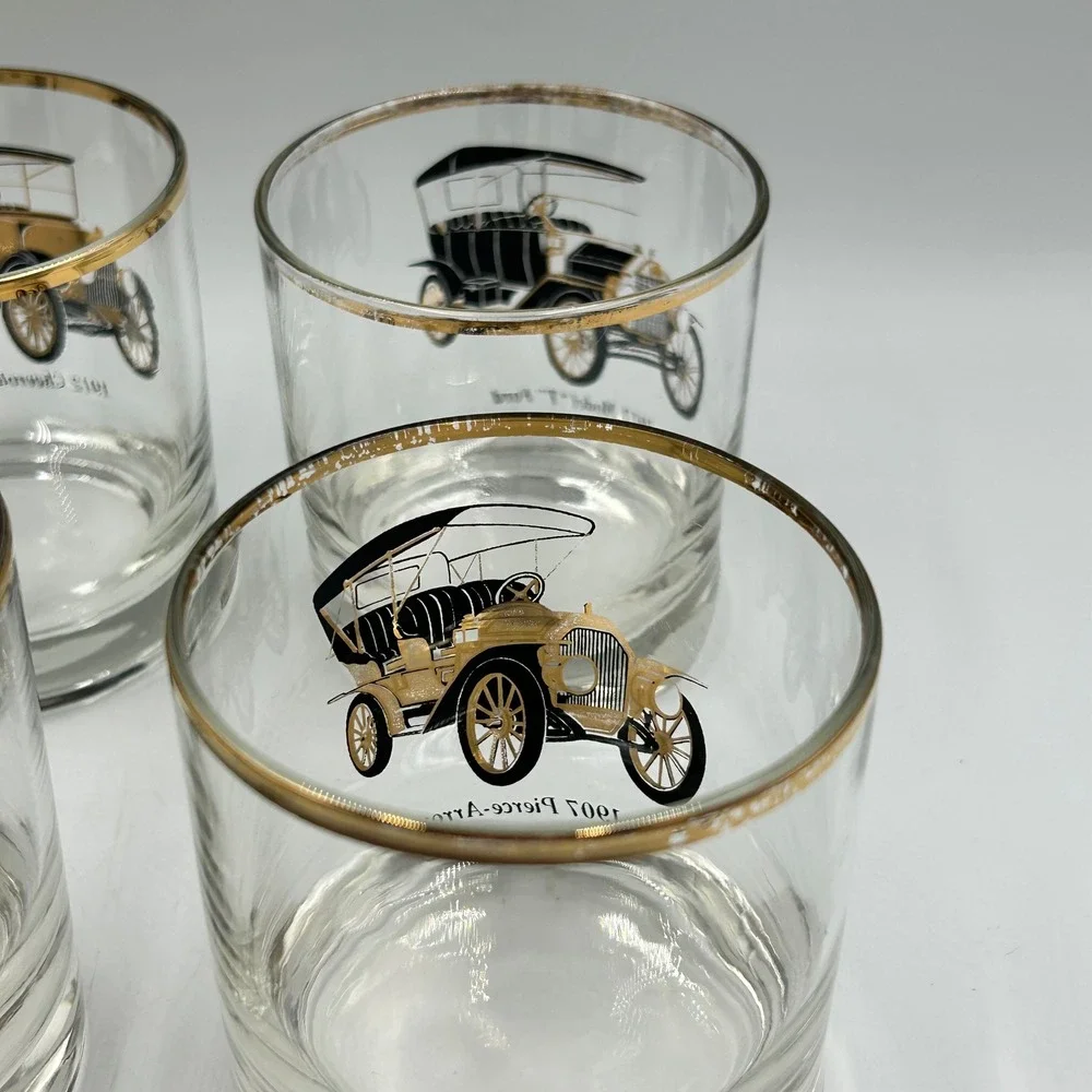 Whiskey Glasses Gold Clear Vintage Classic Cars Set 6 Good